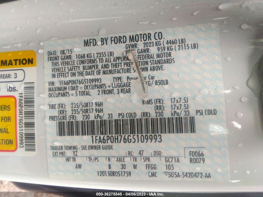 2016 FORD FUSION SE - 1FA6P0H76G5109993