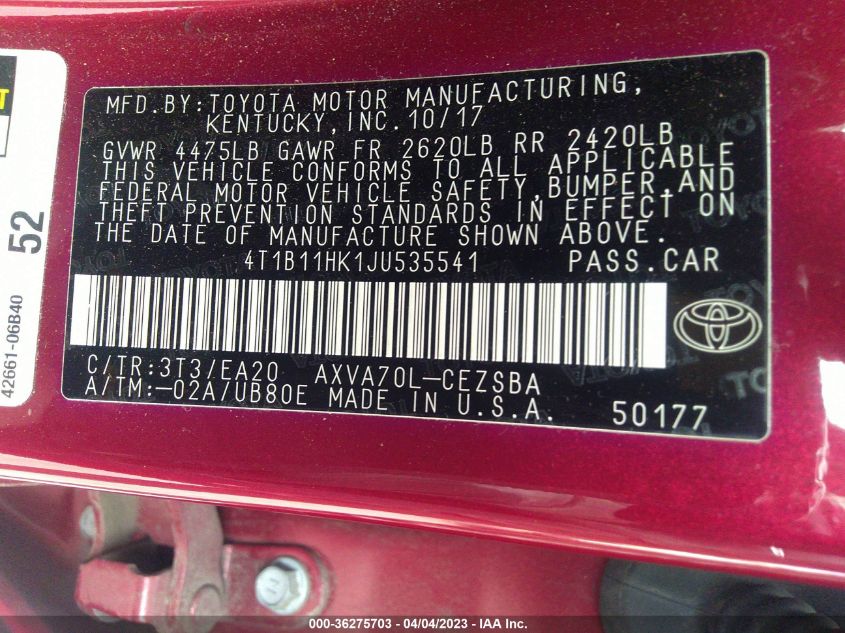 2018 TOYOTA CAMRY LE/SE/XLE/L - 4T1B11HK1JU535541