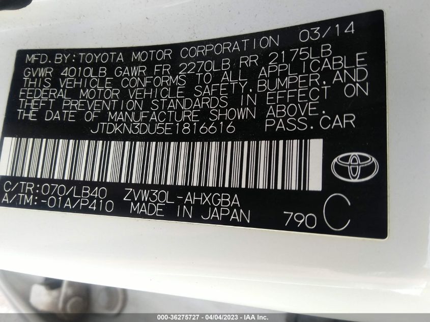 2014 TOYOTA PRIUS FOUR/FIVE/THREE/ONE/TWO - JTDKN3DU5E1816616