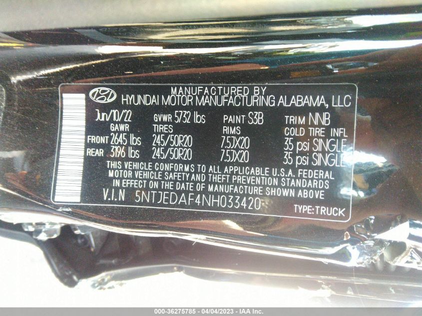 2022 HYUNDAI SANTA CRUZ LIMITED 5NTJEDAF4NH033420