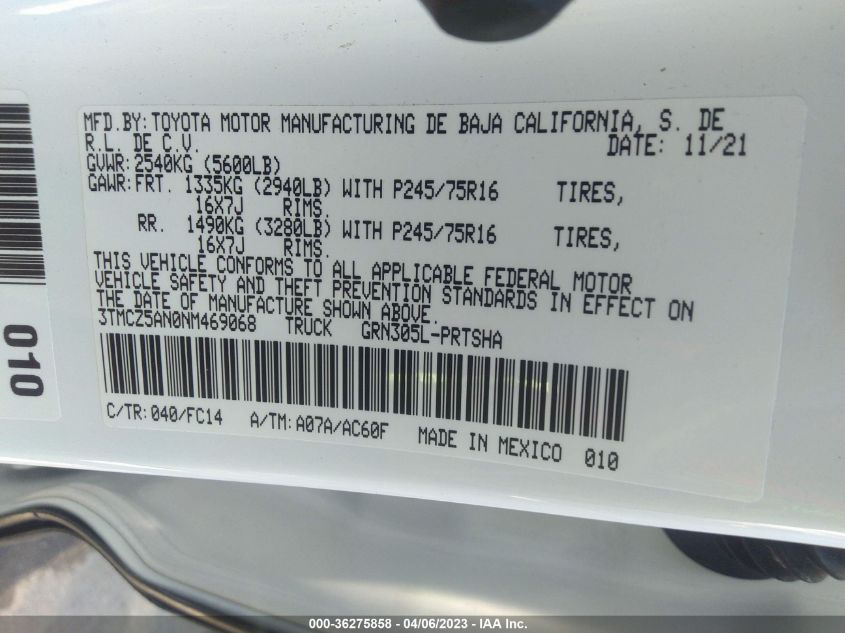 2022 TOYOTA TACOMA 4WD SR/SR5/TRD SPORT - 3TMCZ5AN0NM469068