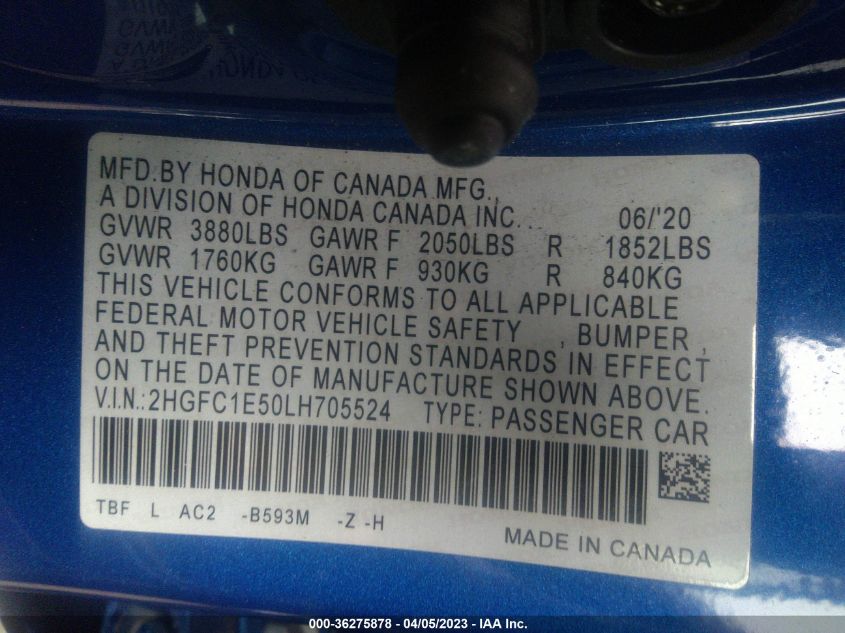 2020 HONDA CIVIC SI SEDAN - 2HGFC1E50LH705524