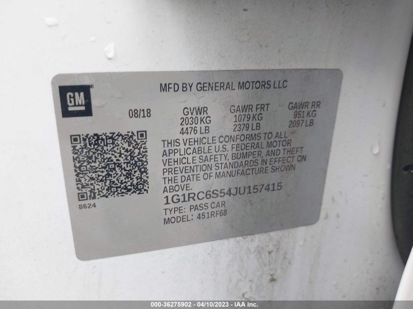 2018 CHEVROLET VOLT LT - 1G1RC6S54JU157415