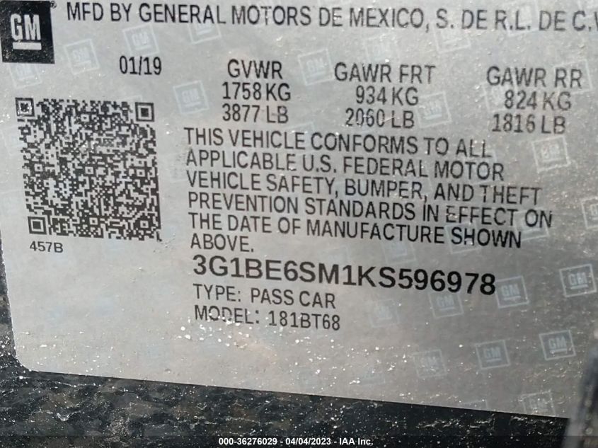 2019 CHEVROLET CRUZE LT - 3G1BE6SM1KS596978