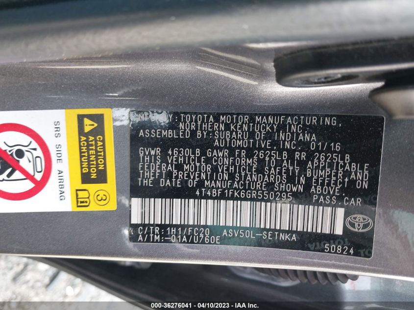 2016 TOYOTA CAMRY XLE/SE/LE/XSE - 4T4BF1FK6GR550295