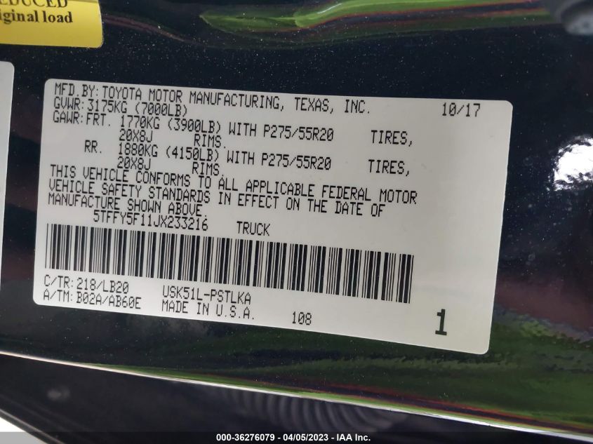 2018 TOYOTA TUNDRA 2WD SR5/LIMITED/PLATINUM 5TFFY5F11JX233216