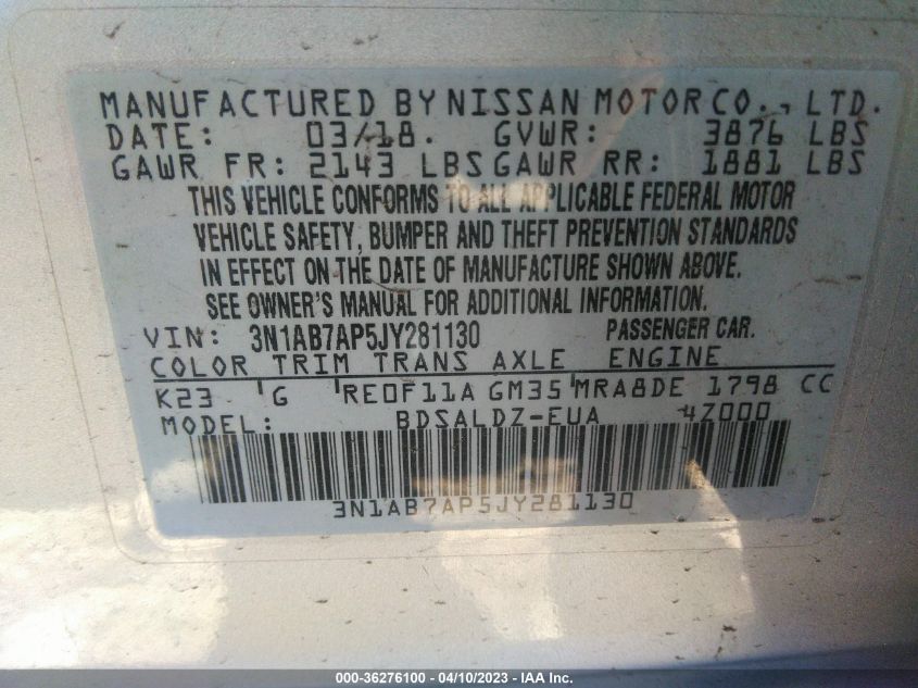 2018 NISSAN SENTRA SV - 3N1AB7AP5JY281130