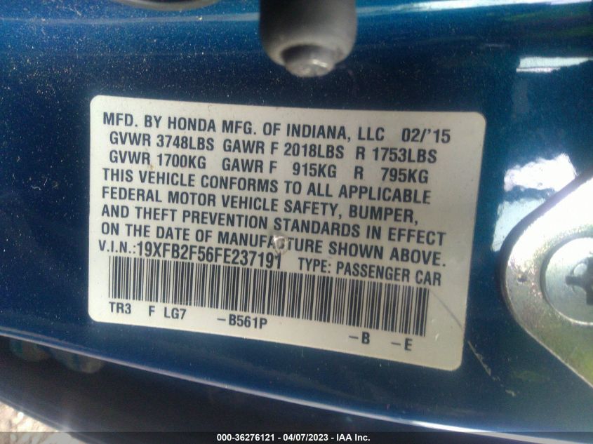 2015 HONDA CIVIC SEDAN LX - 19XFB2F56FE237191