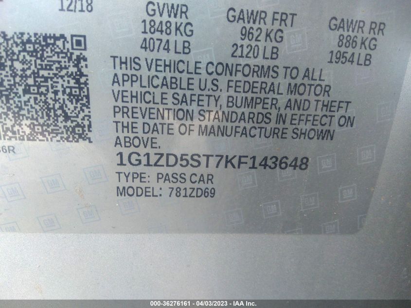 2019 CHEVROLET MALIBU LT - 1G1ZD5ST7KF143648