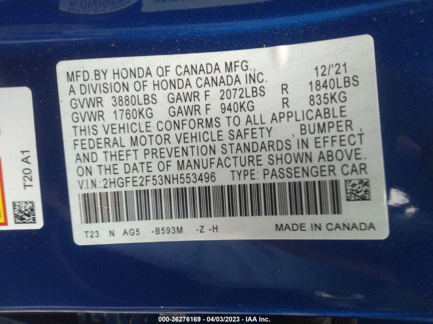 2022 HONDA CIVIC SEDAN SPORT - 2HGFE2F53NH553496
