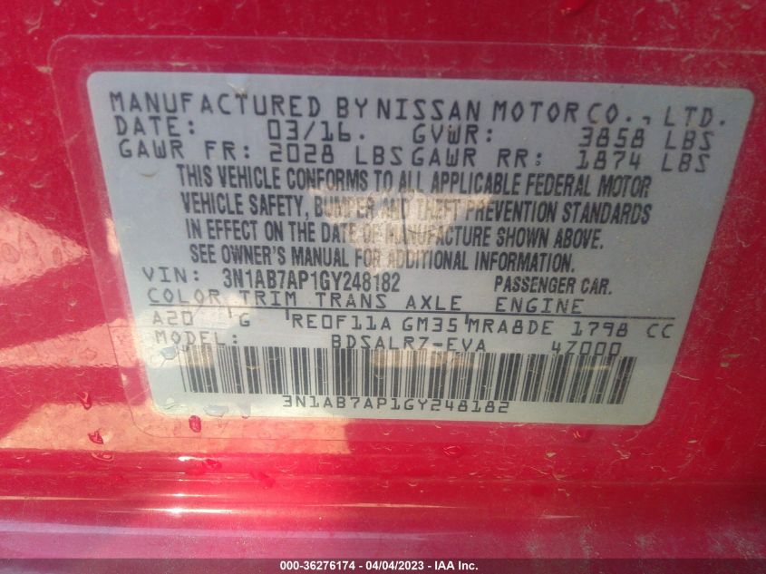 2016 NISSAN SENTRA SR - 3N1AB7AP1GY248182