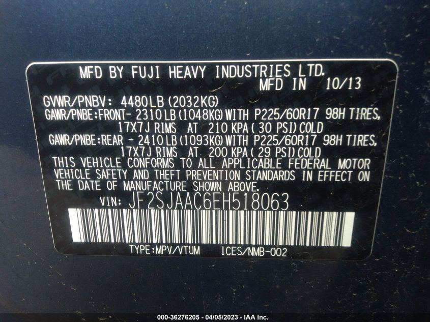 2014 SUBARU FORESTER 2.5I - JF2SJAAC6EH518063
