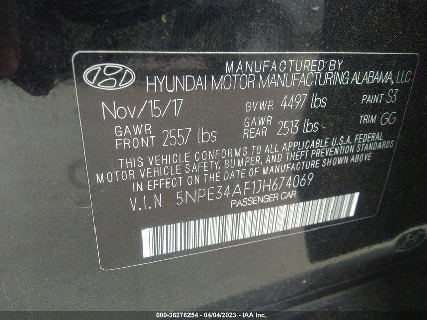 VIN 5NPE34AF1JH674069 2018 HYUNDAI SONATA SEL