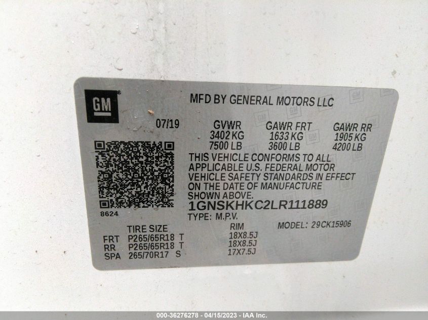 2020 CHEVROLET SUBURBAN LT - 1GNSKHKC2LR111889
