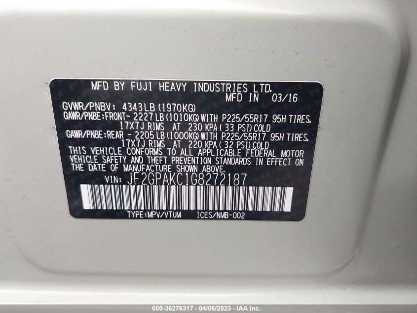 2016 SUBARU CROSSTREK LIMITED - JF2GPAKC1G8272187
