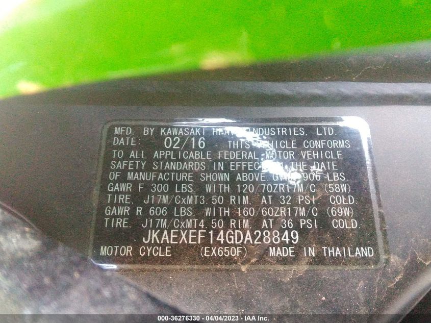 2016 KAWASAKI EX650 F - JKAEXEF14GDA28849