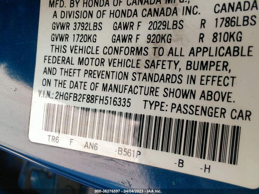 2015 HONDA CIVIC SEDAN EX - 2HGFB2F88FH516335