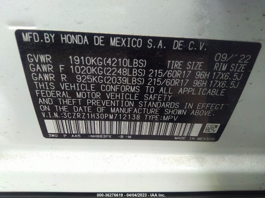 2023 HONDA HR-V LX - 3CZRZ1H30PM712138