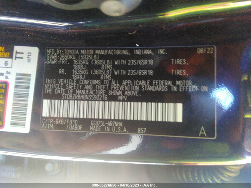 2022 TOYOTA HIGHLANDER LE - 5TDBZRBH8NS590216