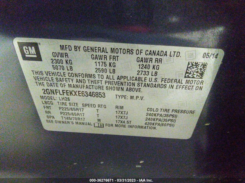 2014 CHEVROLET EQUINOX LT - 2GNFLFEKXE6346853