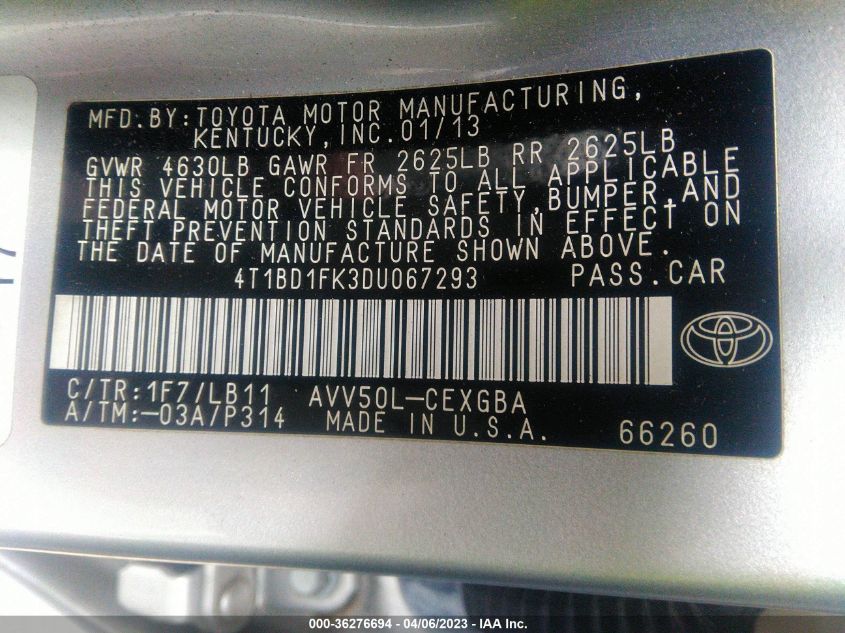 2013 TOYOTA CAMRY HYBRID LE/XLE - 4T1BD1FK3DU067293