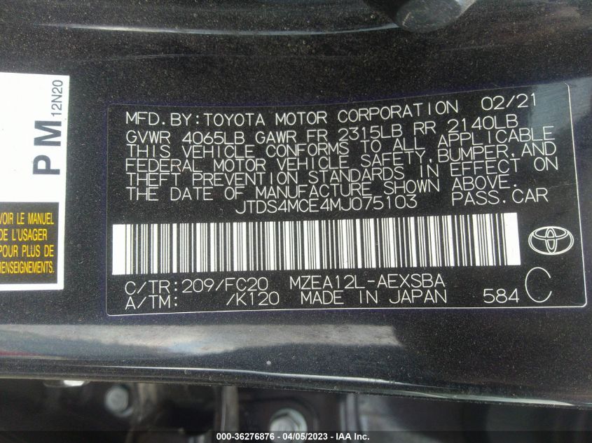 2021 TOYOTA COROLLA SE/NIGHTSHADE/APEX SE - JTDS4MCE4MJ075103