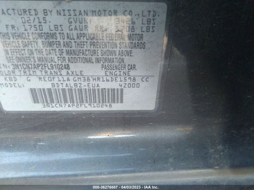2015 NISSAN VERSA S/S PLUS/SL/SV - 3N1CN7AP2FL910248