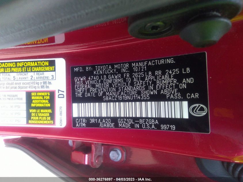 2022 LEXUS ES ES 350 - 58ACZ1B19NU114355