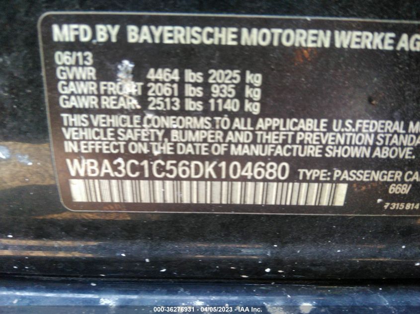 2013 BMW 3 SERIES 328I - WBA3C1C56DK104680