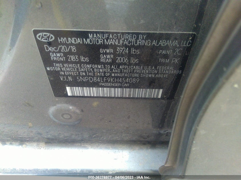VIN 5NPD84LF9KH454089 2019 HYUNDAI ELANTRA SEL