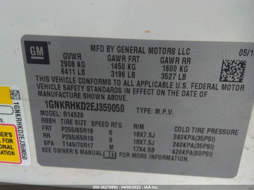 2014 CHEVROLET TRAVERSE LT - 1GNKRHKD2EJ359050