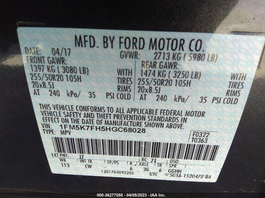 2017 FORD EXPLORER LIMITED - 1FM5K7FH5HGC68028