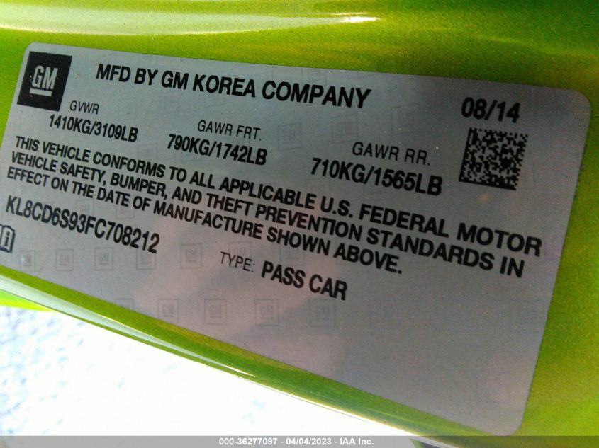 2015 CHEVROLET SPARK LT - KL8CD6S93FC708212