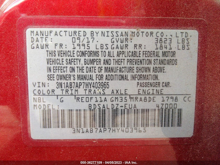 VIN 3N1AB7AP7HY403965 2017 NISSAN SENTRA SV