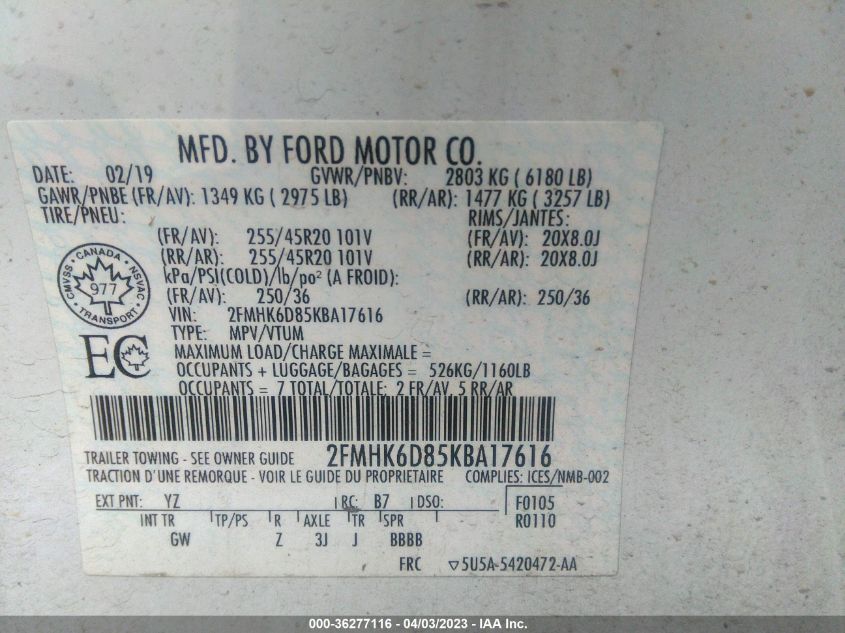 VIN 2FMHK6D85KBA17616 2019 FORD FLEX LIMITED