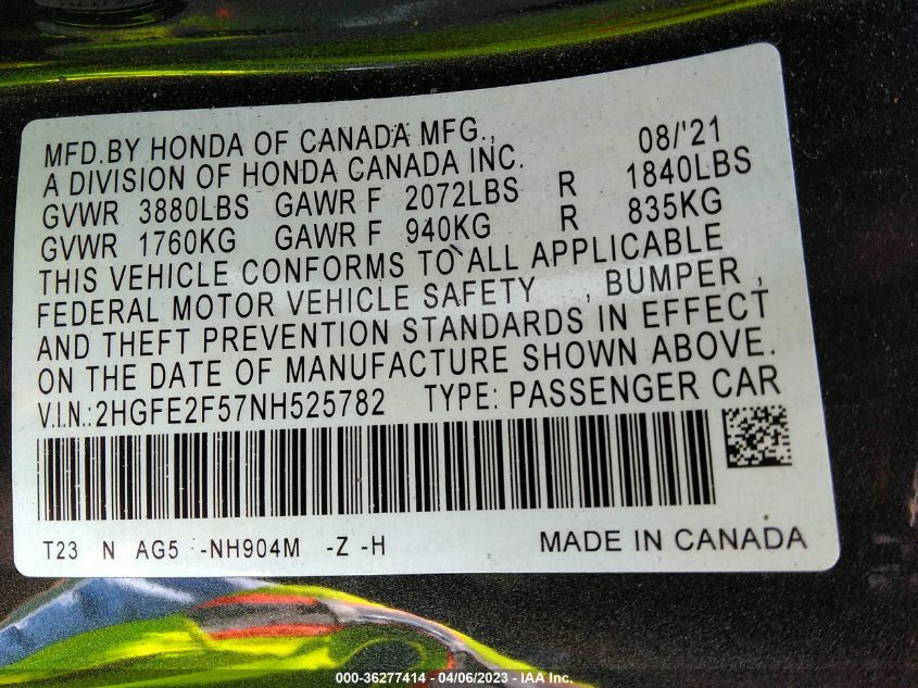 2022 HONDA CIVIC SEDAN SPORT - 2HGFE2F57NH525782