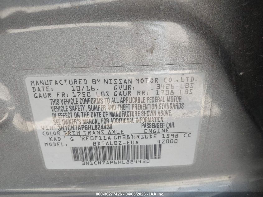 2017 NISSAN VERSA SEDAN SV - 3N1CN7AP6HL824430