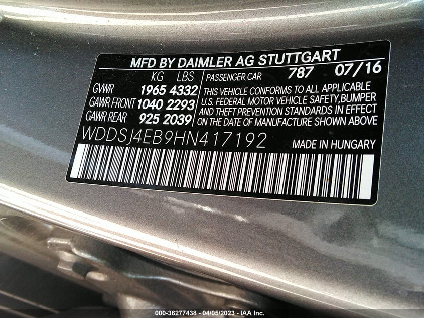 VIN WDDSJ4EB9HN417192 2017 MERCEDES-BENZ CLA CLA 250