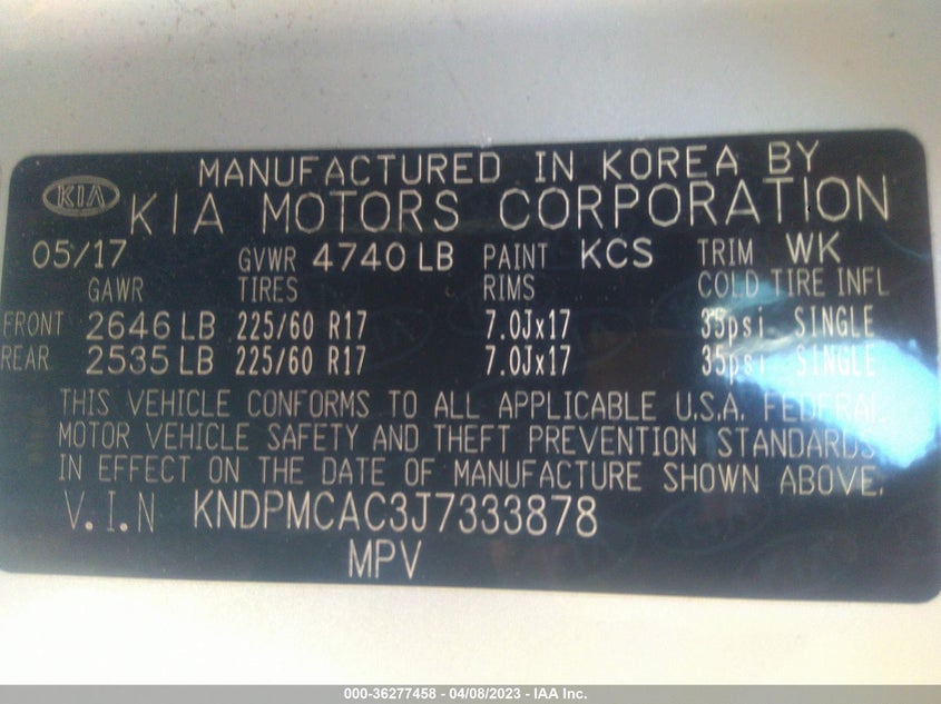 VIN KNDPMCAC3J7333878 2018 KIA SPORTAGE LX