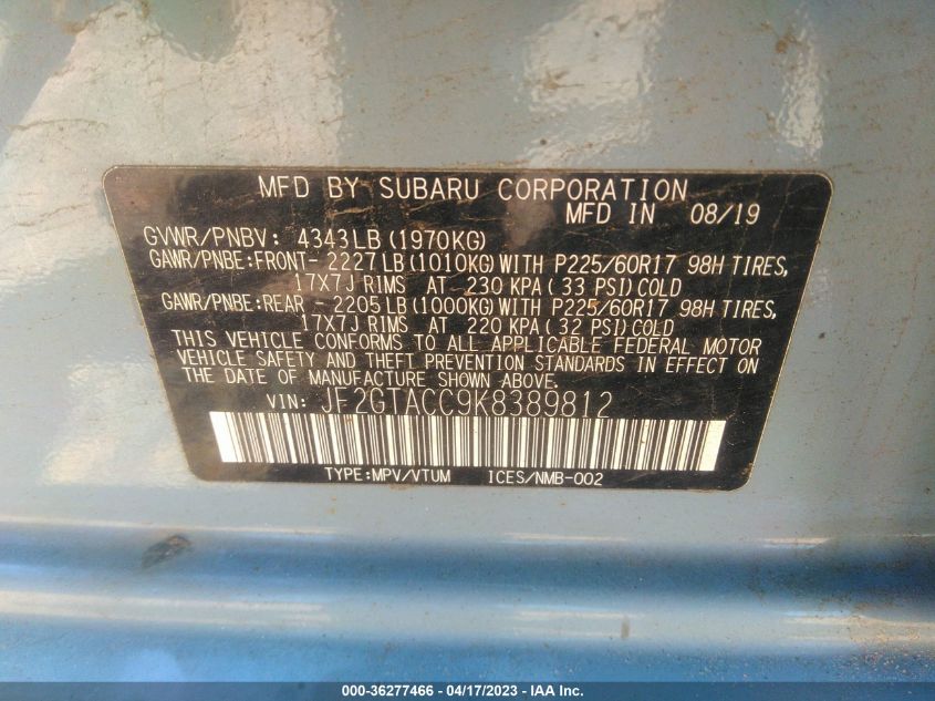 2019 SUBARU CROSSTREK PREMIUM - JF2GTACC9K8389812