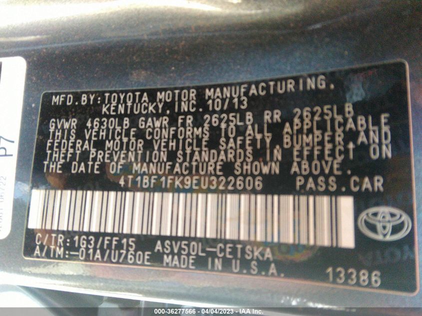 2014 TOYOTA CAMRY L/LE/XLE/SE/SE SPORT - 4T1BF1FK9EU322606