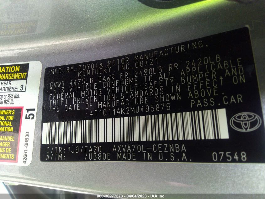 2021 TOYOTA CAMRY LE - 4T1C11AK2MU495876