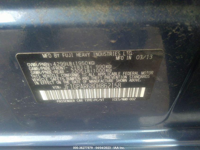 2013 SUBARU IMPREZA WAGON 2.0I SPORT LIMITED - JF1GPAR68DH862158