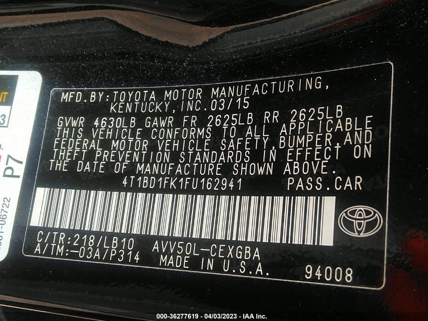 2015 TOYOTA CAMRY HYBRID LE/XLE/SE - 4T1BD1FK1FU162941