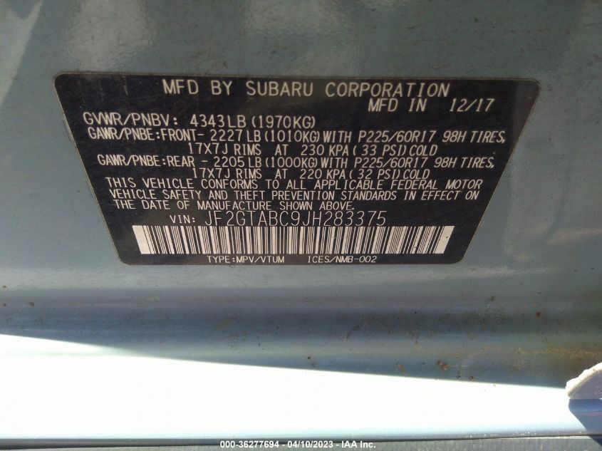 2018 SUBARU CROSSTREK PREMIUM - JF2GTABC9JH283375