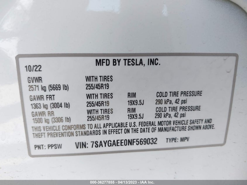 VIN 7SAYGAEE0NF569032 2022 TESLA MODEL Y LONG RANGE