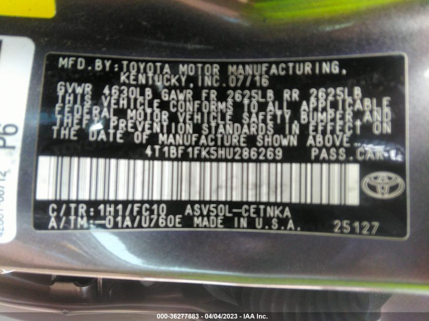 2017 TOYOTA CAMRY LE - 4T1BF1FK5HU286269