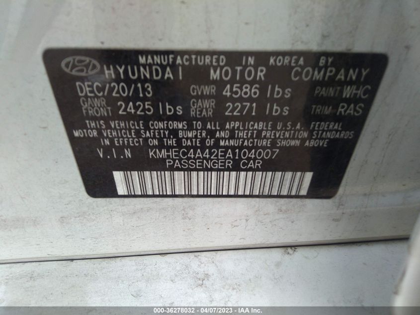 2014 HYUNDAI SONATA HYBRID LIMITED - KMHEC4A42EA104007