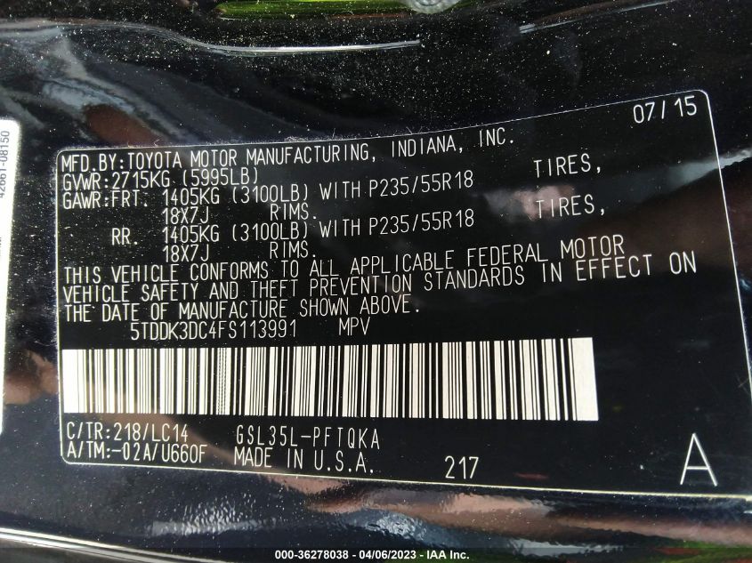2015 TOYOTA SIENNA LTD/XLE/XLE PREMIUM - 5TDDK3DC4FS113991