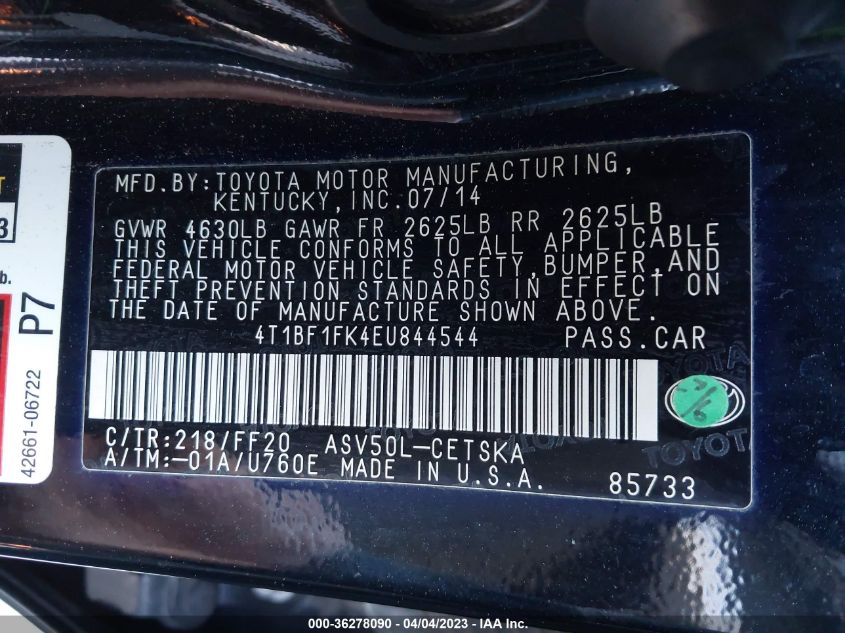 2014 TOYOTA CAMRY L/LE/XLE/SE/SE SPORT - 4T1BF1FK4EU844544